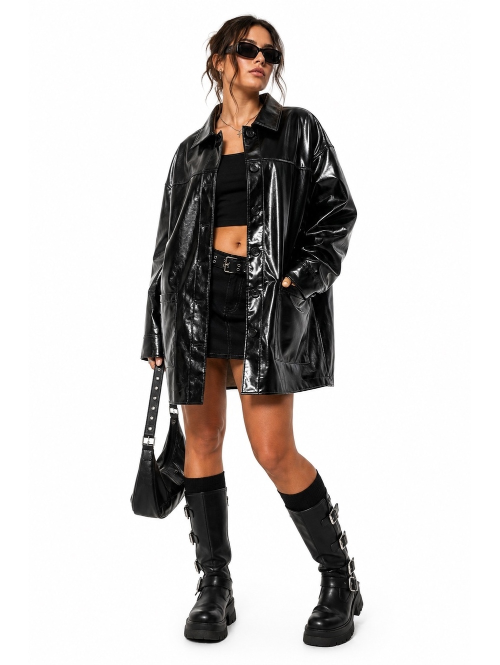 ASOS Curve Black Patent Faux Leather Longline Jacket Coat Plus Size 22